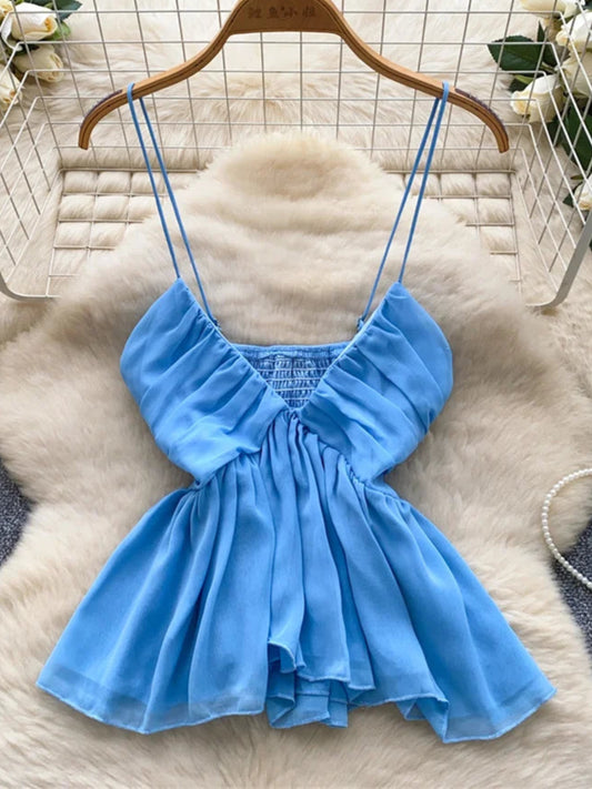 Chiffon Tops Straps Deep V Backless Top Ruffles Short Tank Top Vacation Style Sexy Tops