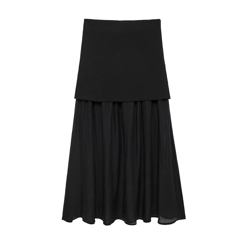 Knitted Patchwork Pleated Side Zipper Midi Skirt Vintage High Waist Female Chic Lady Skirts