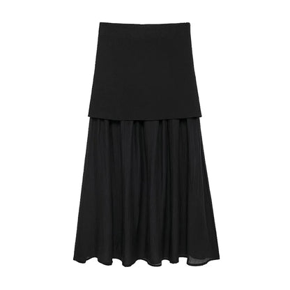 Knitted Patchwork Pleated Side Zipper Midi Skirt Vintage High Waist Female Chic Lady Skirts