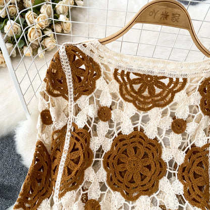 Sunscreen Hook Summer Knit Top Women Elegant O Neck Hollow Out Lantern Sleeve Ladies Vacation Tassel Beach Blouse
