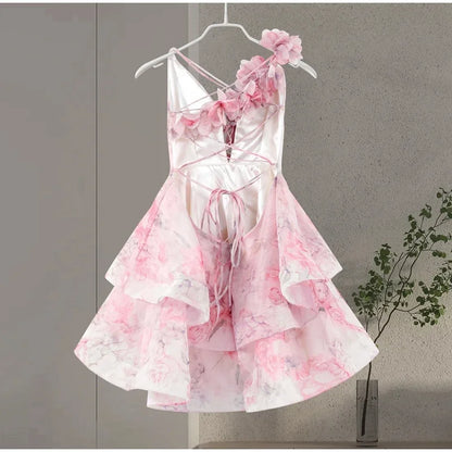 3D Flowers Lace Up Printed Layered Mini Dress Backless Deep V-Neck Mini Dress