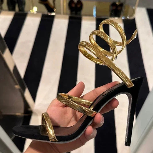 Snake Strap Open Toe Narrow Band Women Sandals Thin High Heels Stripper Sexy Shoes