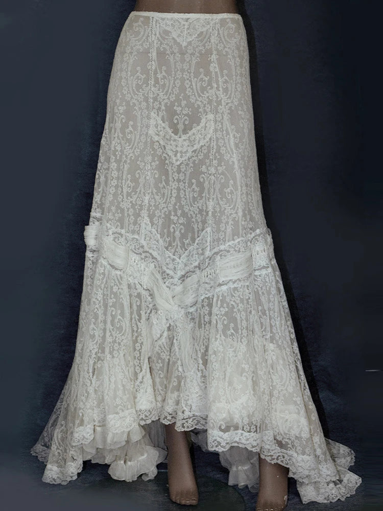Women High Waist Skirt Elegant Guipure Lace Ruffle Trim Asymmetric Hem Vintage Casual Transparent Maxi Skirt