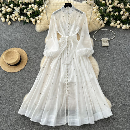 Elegant Lantern Sleeves Vintage Stand Collar Chic Single Breasted Rhinestone Bandage Slim High Street Long Dresses