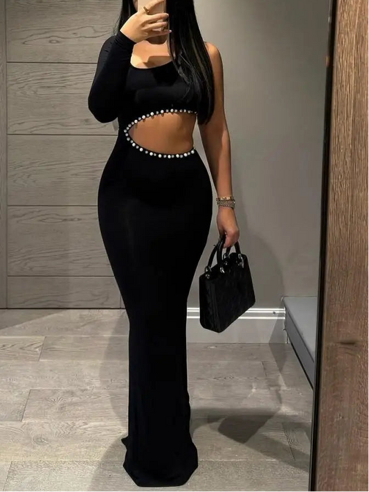 Women Elegant Maxi Dress O-Neck Single Sleeve Bodycon Dress