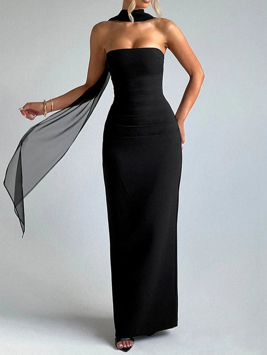 Scarf Collar Strapless Sexy Maxi Dress For Women Fashion Off-shoulder Backless Bodycon Dress