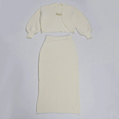 High Quality Elegant Knit Women 2 Piece Set Outfit Hollow Out Lantern Sleeve Crop Cardigan + Long Skirt Suit Streetwear