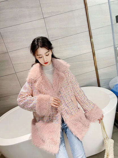Glitter Coarse Wool Blended Fur Coat Long Sleeve Loose Coat