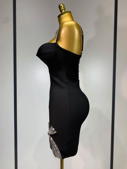 Women Celebrity Sexy V Neck Beading Black Mini Bodycon Bandage Dress