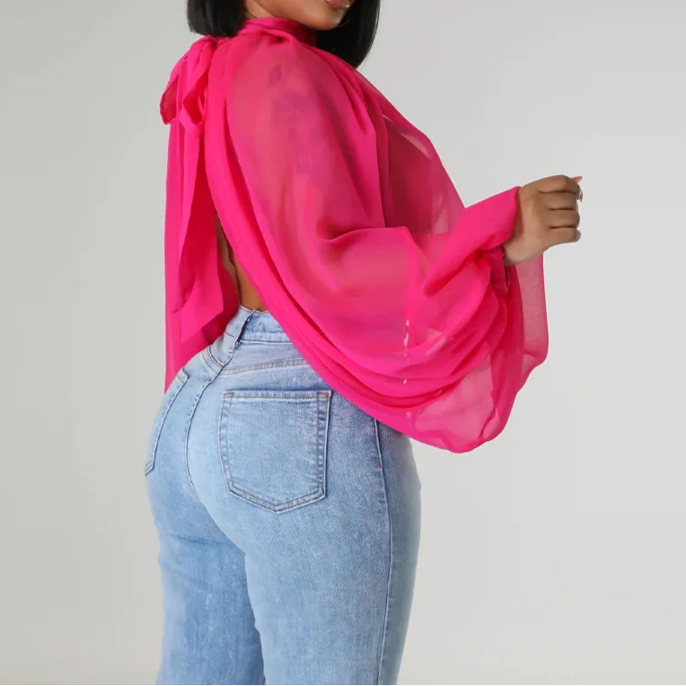 Womens Chiffon Blouse Sexy See Through Lantern Sleeve Front Back Open High Neck Blouses Tops
