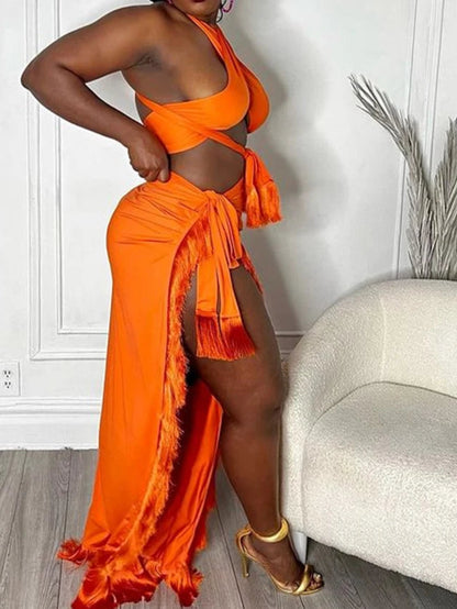 Chic Halter Neck Crop Top And High Slit Resort Wrap Skirt Set Two-Piece Outfits Resort Cover-Up Set