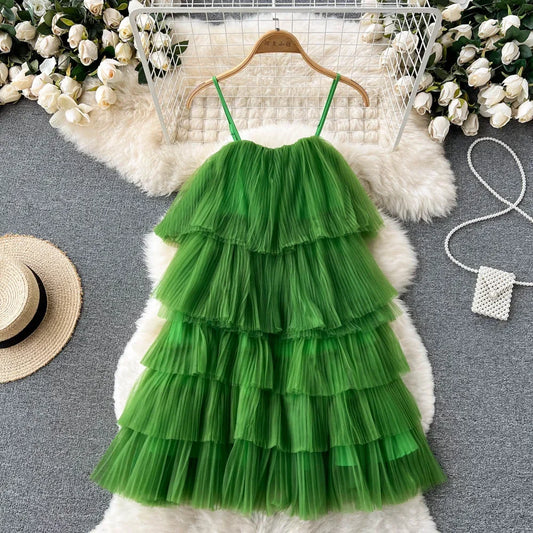 Spaghetti Strap Summer Dress Sleeveless Ruffles Pleated Mini Dress