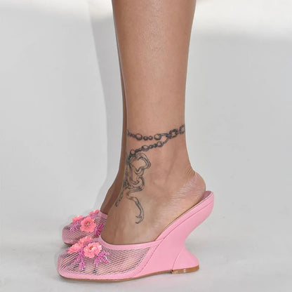 Women Summer Wedges Mesh Shoes Flower Round Toe Slip-On Hollow High Heeled sandals