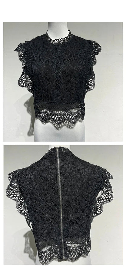 Women's Tank Blouses Hollow Black White Geometric Pattern Women Lace Chiffon Top