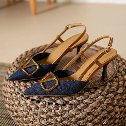 Thin Heels Women's Denim High Heels French Pointed Denim Heel Sandals