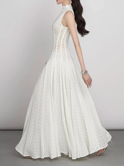 Solid Spliced Appliques Loose Maxi Dress For Women O Neck Sleeveless High Waist Dress