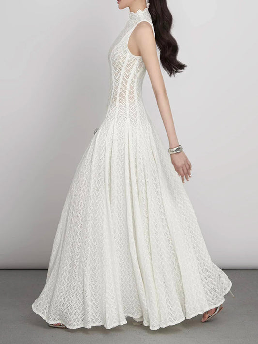Solid Spliced Appliques Loose Maxi Dress For Women O Neck Sleeveless High Waist Dress