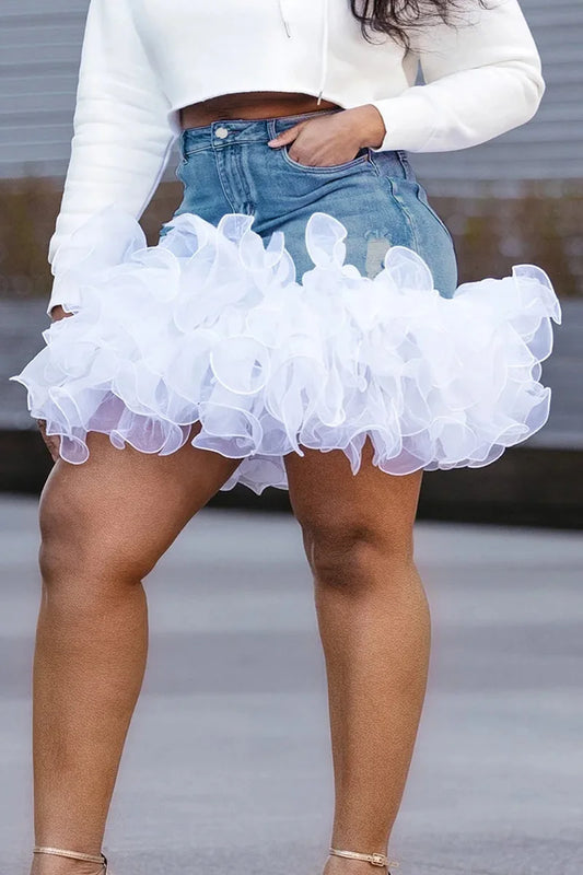 Plus Size Blue Casual Denim Tulle Pockets Skirt: Sexy High Waist Vintage Mini Skirt for Women