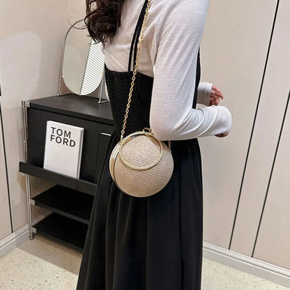 Gold Bright Silk Circular Evening Bag Women Banquet Clutch Rhinestone Chain Shoulder Bags