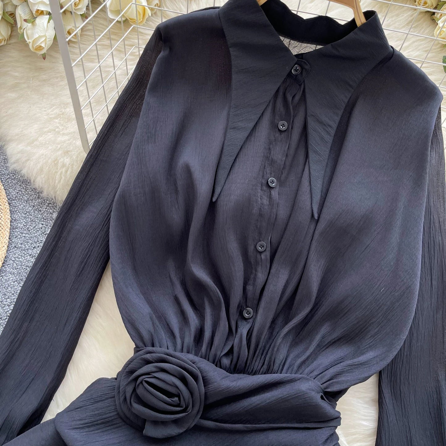 3D Floral Vintage Shirt Women Lapel Neck Long Sleeves Sheer Bohemian Organza Blouse