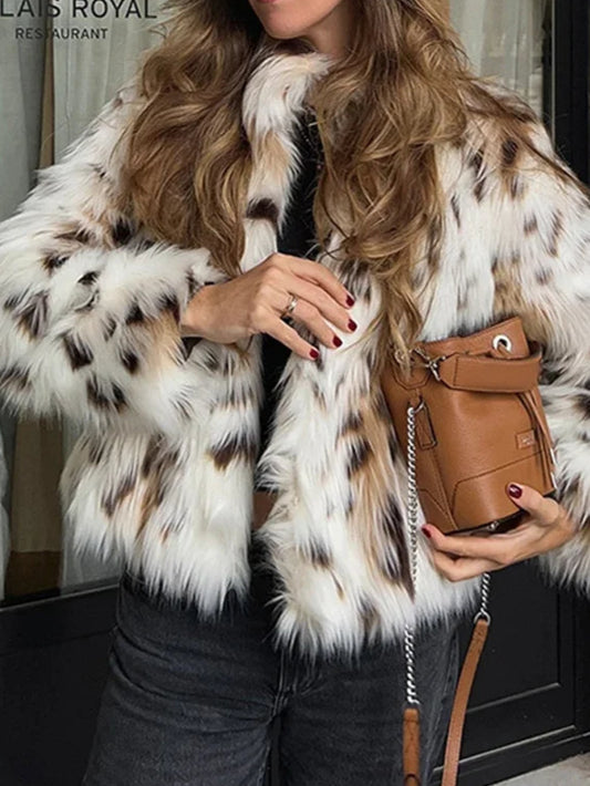 Elegant Leopard Print Faux Fur Cropped Jacket For Women Outwear