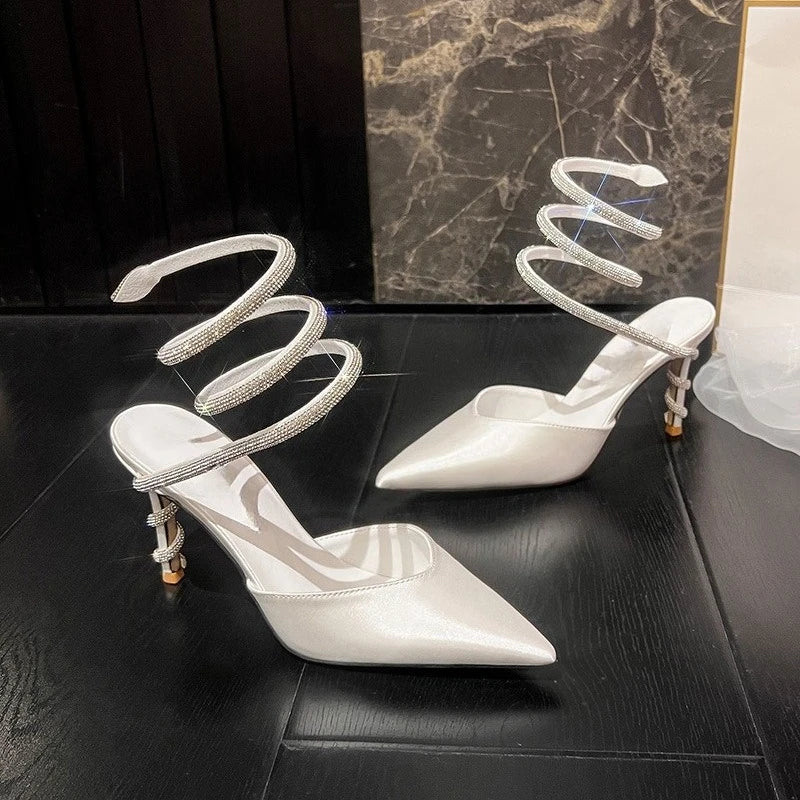 Women's Sexy Snake-Strap Rhinestone Suede Pointed High-heeled Wedding Shoes