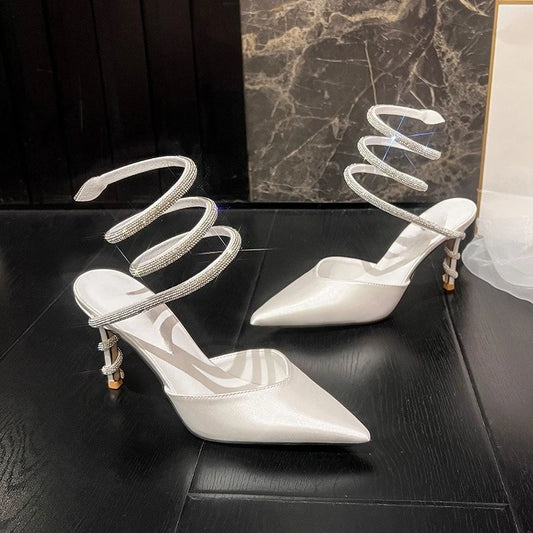Women's Sexy Snake-Strap Rhinestone Suede Pointed High-heeled Wedding Shoes