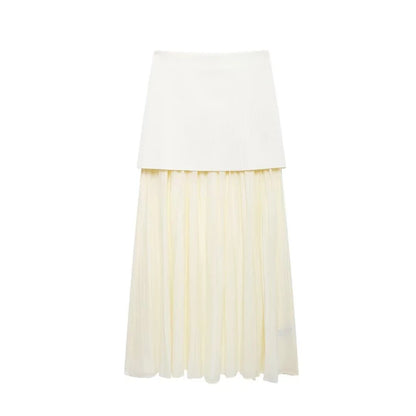 Knitted Patchwork Pleated Side Zipper Midi Skirt Vintage High Waist Female Chic Lady Skirts
