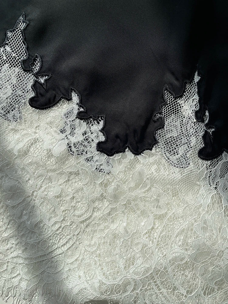 Fairy Lace-Trim Satin Midi Skirt High Waist Elegant Wrapped Hip Long Skirts