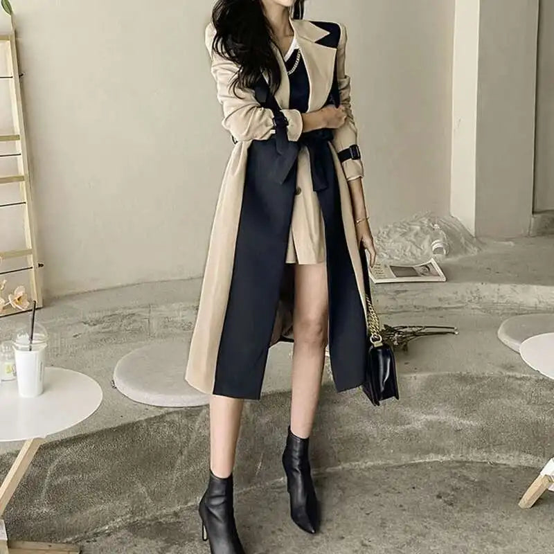 Contrast Full Sleeve Buttons Belted Women Long Trench Coats