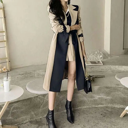 Contrast Full Sleeve Buttons Belted Women Long Trench Coats