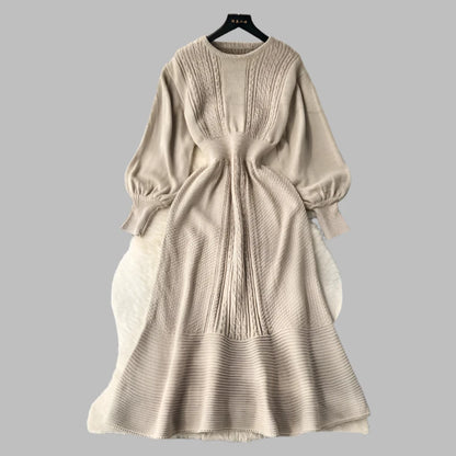 Lazy Style Round Neck Waist Wrapped Slim Mid Length Bubble Sleeve Knitted Dress