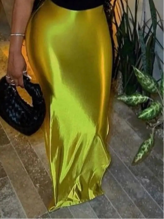 Shiny High Waist Hip Skirt Sexy Side Slit Bodycon Maxi Skirts Club Bottoms
