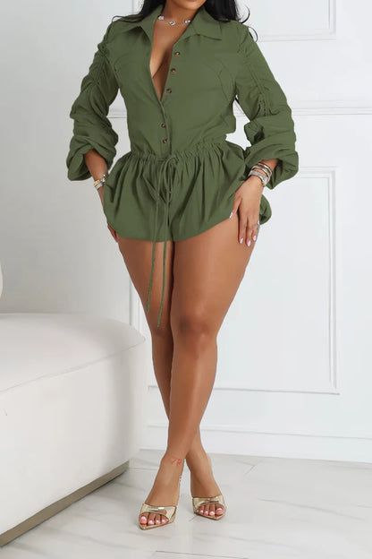 Elegant Ruched Drawstring Patchwork Rompers Woman Solid Color Lantern Sleeve Jumpsuits