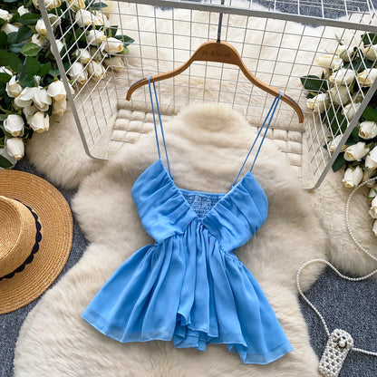 Chiffon Tops Straps Deep V Backless Top Ruffles Short Tank Top Vacation Style Sexy Tops