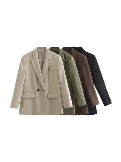 Women Double Breasted Loose Fitting Blazer Coat Vintage Long Sleeve Pockets Female Outerwear Blazer