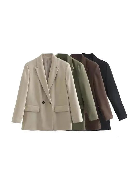 Women Double Breasted Loose Fitting Blazer Coat Vintage Long Sleeve Pockets Female Outerwear Blazer