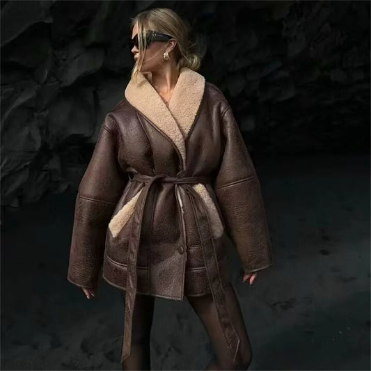 Two Tone Leather and Fur Integrated Windbreaker Jacket for Women