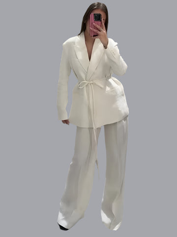 Elegant Blazer Pants Sets Women V-neck Lace up Jacket Full Sleeve Wide Leg Trousers Suit