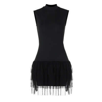 Black Mini Dress Sleeveless Mesh Patchwork Mini Evening Prom Dress Bodycon