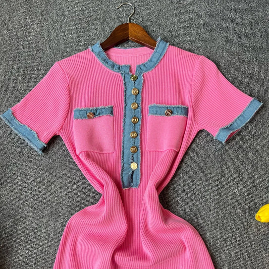 Vintage Denim Patchwork O-neck Knit Maxi Dress Casual Oversize Pockets Long Shirt Dress