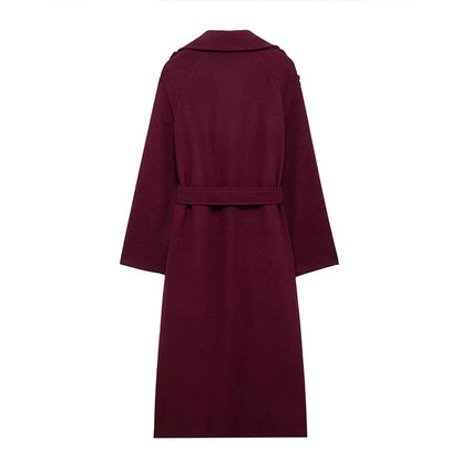 Urban Solid Double Breasted Long Women Coat Loose Full Sleeve Belt Double Breasted Jacket