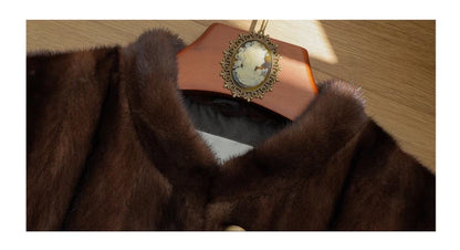 Brown Thick Warm Soft Faux Mink Fur Coat Women Puff Sleeve Stand Collar Fluffy Jacket