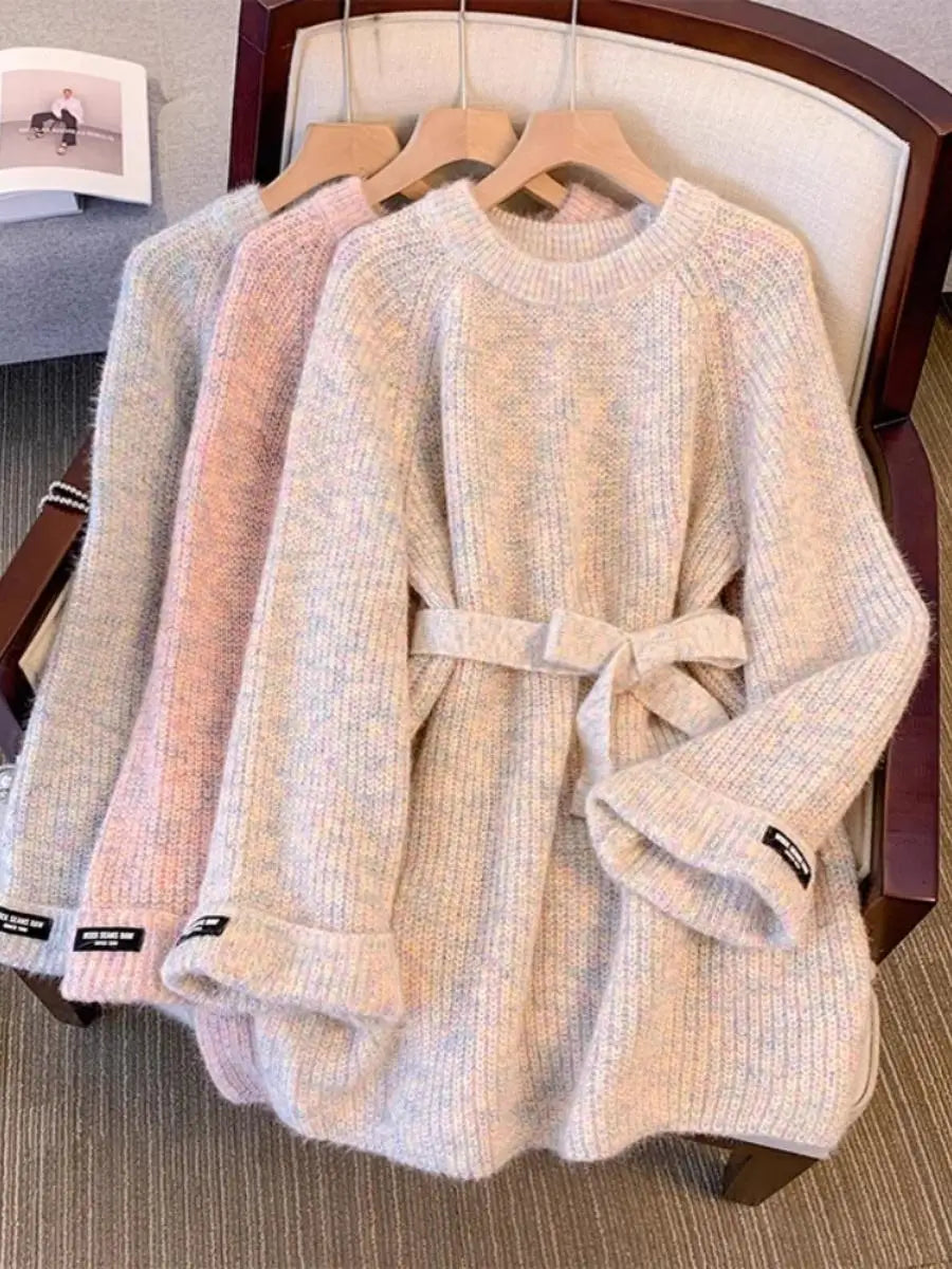 Women's Elegant Lace Up Tunic Sweater Loose Round Neck Pullover