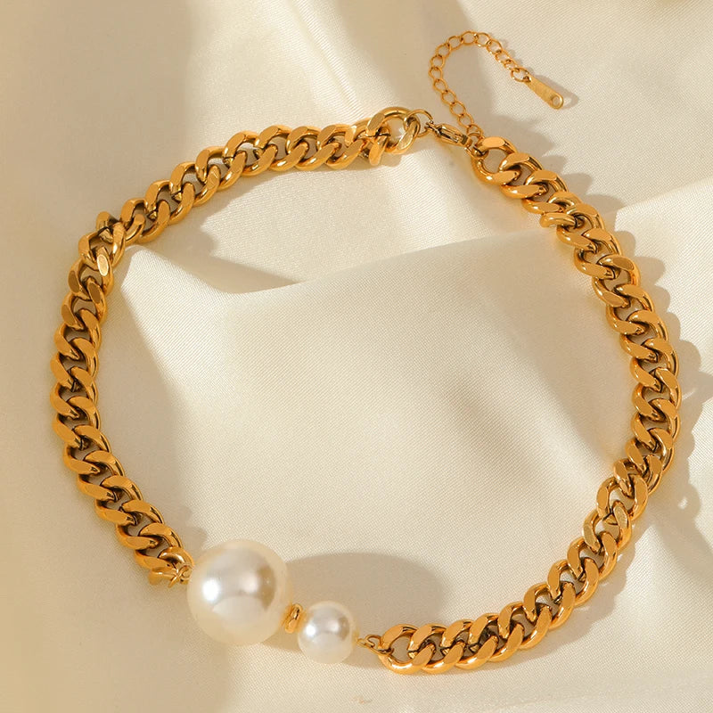 Stainless Steel Exaggerated Large Pearls Necklace Earrings Set For Women