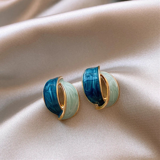Double Arc Cross Enamel Stud Earring for Women Contrast Color Blue Geometric Earring