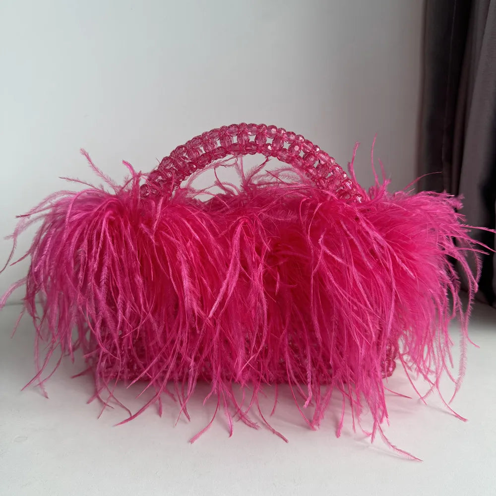 Pearl Bead Bag With Feather Fur Designer Brand Clear Acrylic Crystal Handbag Handmade