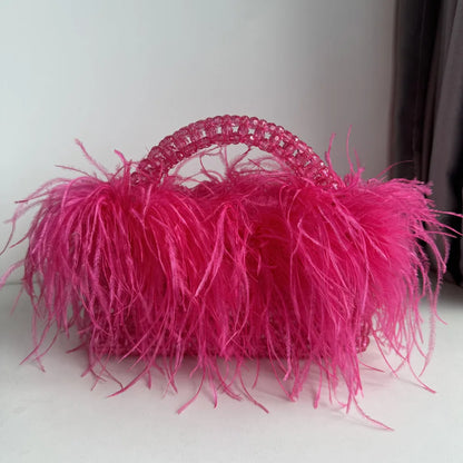 Pearl Bead Bag With Feather Fur Designer Brand Clear Acrylic Crystal Handbag Handmade