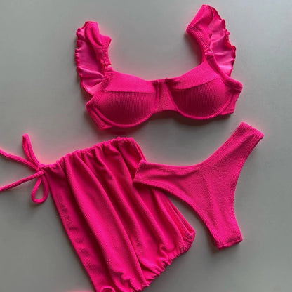 Solid Wavy Fabric Low Waist Ruffle Bikini Set Cover Up Swimsuit For Women