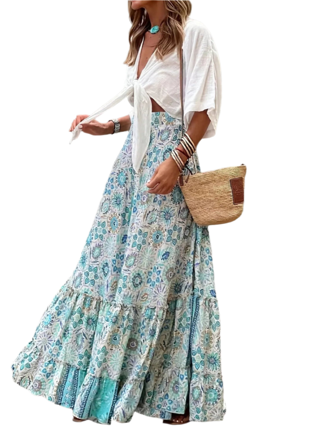 Bohemian Style Printed A-line Skirt Women Fashion Beach Vacation Loose Drawstring Ruffles Skirts Female  Summer New Streetwear